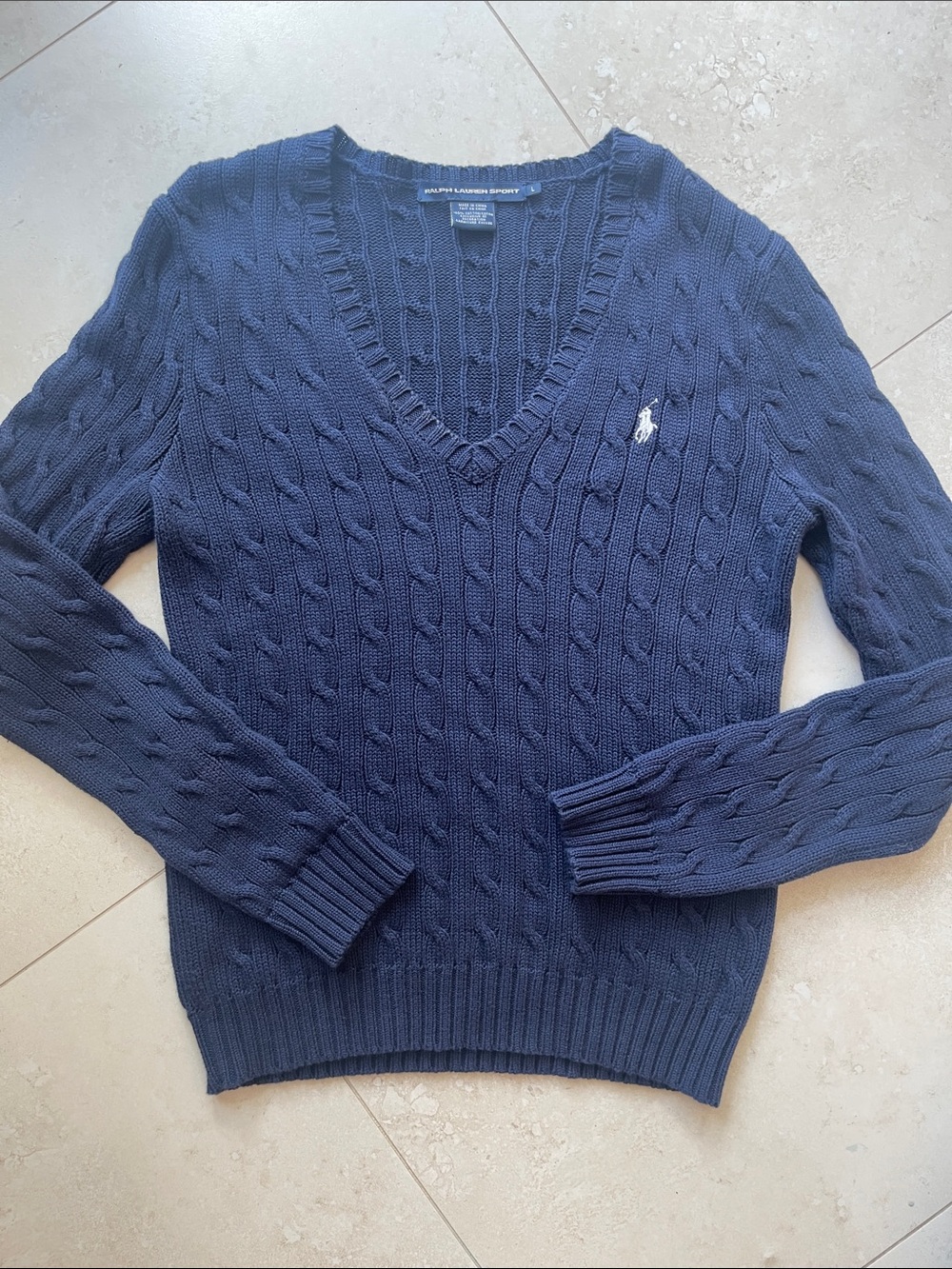 Polo by Ralph Lauren Navy Cable-Knit V-Neck Sweater with White Pony